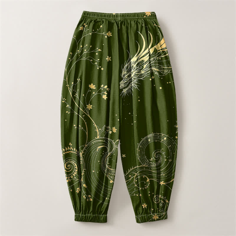 Buddha Stones Pantalones harem para hombre de algodón puro con estampado de nube y dragón dorado, cordón ajustable y bolsillos. - image 14