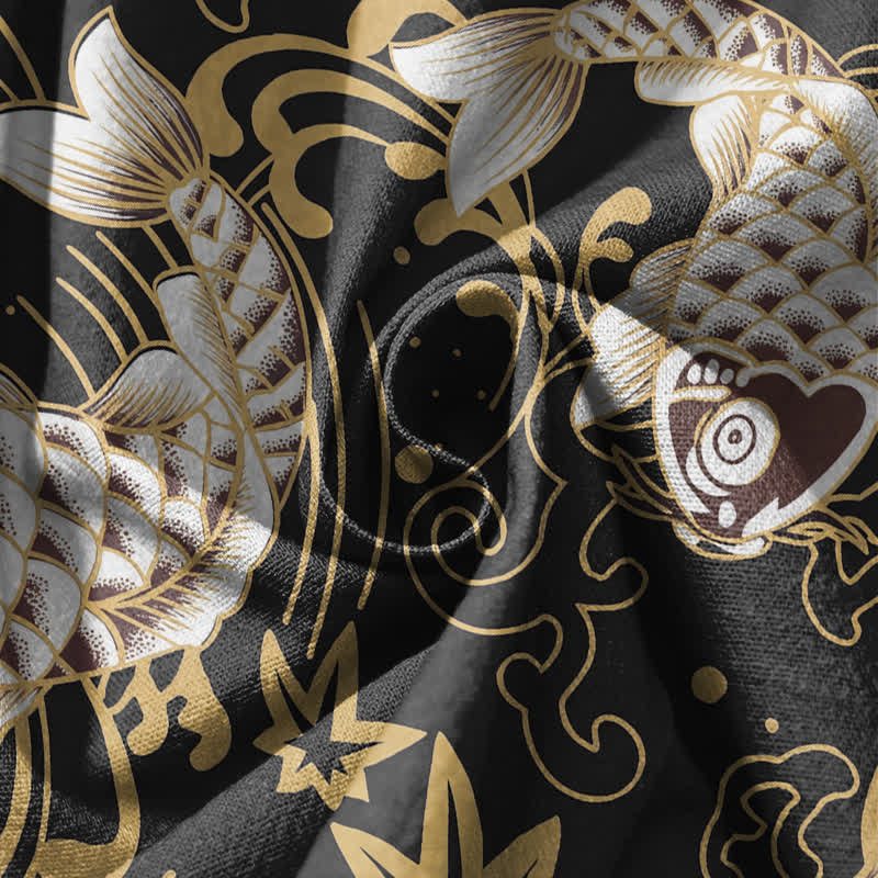 Buddha Stones Pantalones harem para hombre de algodón puro con estampado de peces koi y olas del océano, con cordón ajustable y bolsillos. - image 5