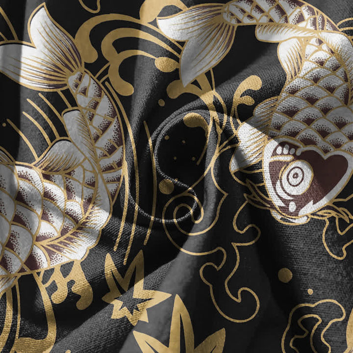 Buddha Stones Pantalones harem para hombre de algodón puro con estampado de peces koi y olas del océano, con cordón ajustable y bolsillos. - image 5