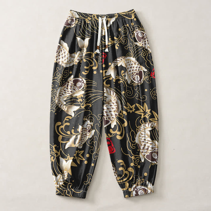 Buddha Stones Pantalones harem para hombre de algodón puro con estampado de peces koi y olas del océano, con cordón ajustable y bolsillos. - image 1