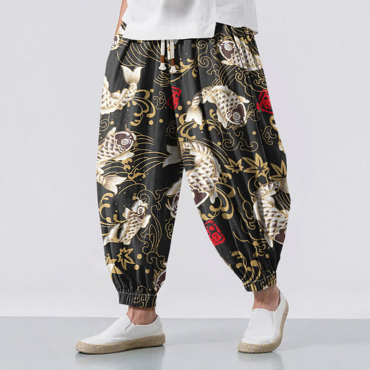 Buddha Stones Pantalones harem para hombre de algodón puro con estampado de peces koi y olas del océano, con cordón ajustable y bolsillos. - Negro - US/UK/AU50, EU60 (5XL) - image 0