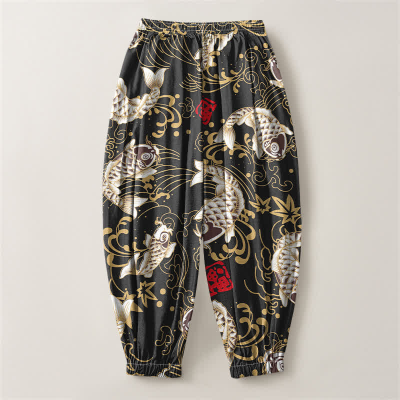 Buddha Stones Pantalones harem para hombre de algodón puro con estampado de peces koi y olas del océano, con cordón ajustable y bolsillos. - image 2