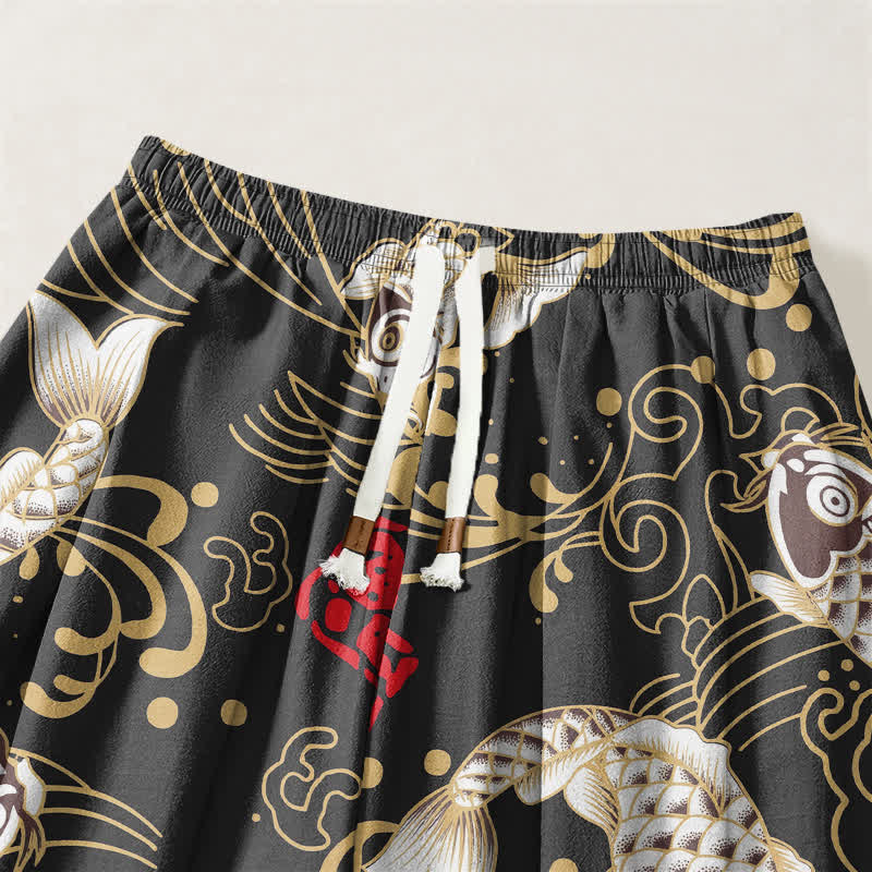 Buddha Stones Pantalones harem para hombre de algodón puro con estampado de peces koi y olas del océano, con cordón ajustable y bolsillos. - image 3