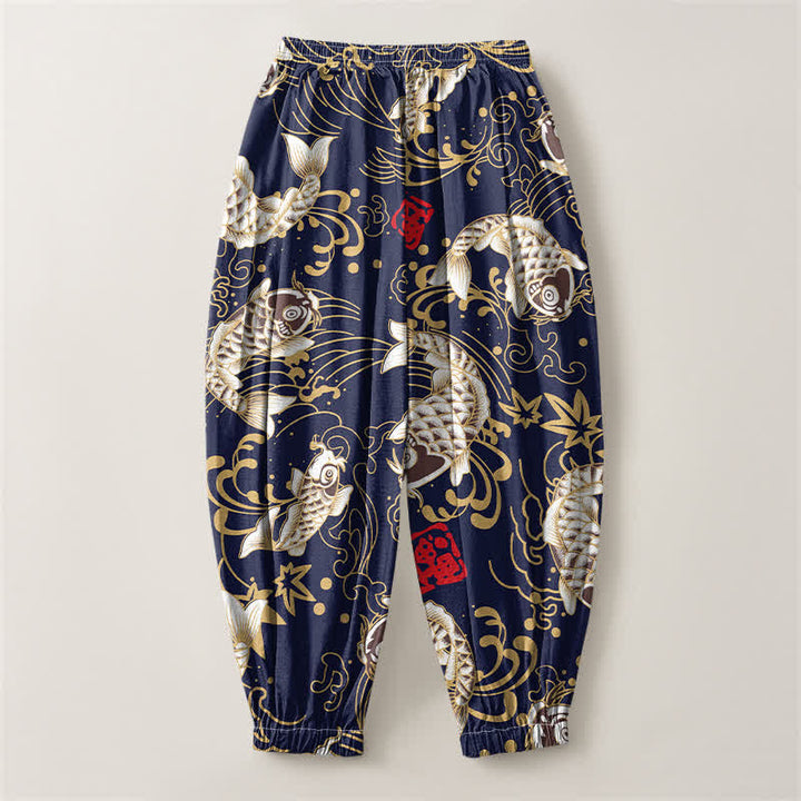Buddha Stones Pantalones harem para hombre de algodón puro con estampado de peces koi y olas del océano, con cordón ajustable y bolsillos. - image 8