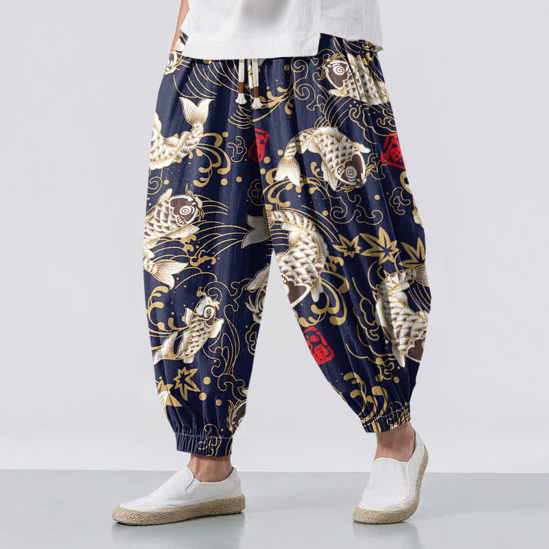 Buddha Stones Pantalones harem para hombre de algodón puro con estampado de peces koi y olas del océano, con cordón ajustable y bolsillos. - Marina de guerra - US/UK/AU50, EU60 (5XL) - image 6