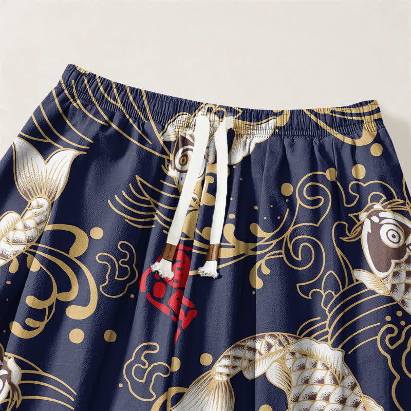 Buddha Stones Pantalones harem para hombre de algodón puro con estampado de peces koi y olas del océano, con cordón ajustable y bolsillos. - image 9