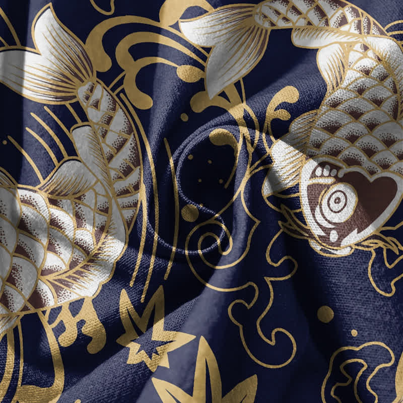 Buddha Stones Pantalones harem para hombre de algodón puro con estampado de peces koi y olas del océano, con cordón ajustable y bolsillos. - image 11