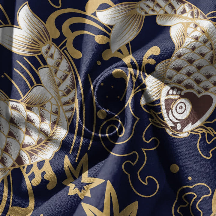 Buddha Stones Pantalones harem para hombre de algodón puro con estampado de peces koi y olas del océano, con cordón ajustable y bolsillos. - image 11
