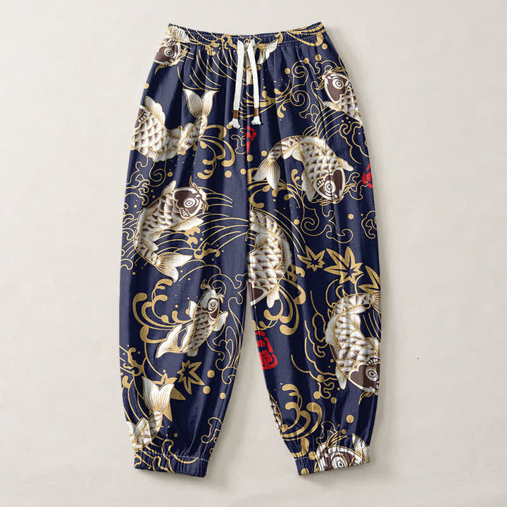Buddha Stones Pantalones harem para hombre de algodón puro con estampado de peces koi y olas del océano, con cordón ajustable y bolsillos. - image 7
