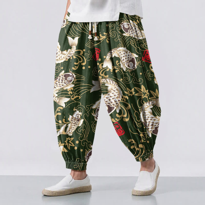 Buddha Stones Pantalones harem para hombre de algodón puro con estampado de peces koi y olas del océano, con cordón ajustable y bolsillos. - Verde bosque - US/UK/AU50, EU60 (5XL) - image 12
