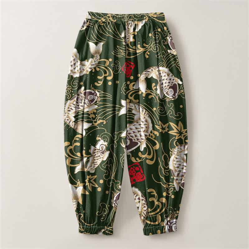 Buddha Stones Pantalones harem para hombre de algodón puro con estampado de peces koi y olas del océano, con cordón ajustable y bolsillos. - image 14