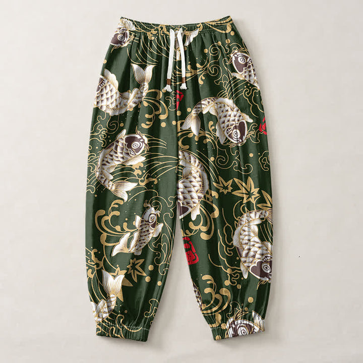 Buddha Stones Pantalones harem para hombre de algodón puro con estampado de peces koi y olas del océano, con cordón ajustable y bolsillos. - image 13