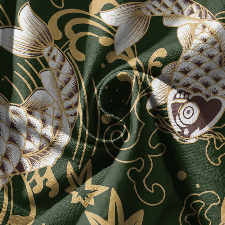 Buddha Stones Pantalones harem para hombre de algodón puro con estampado de peces koi y olas del océano, con cordón ajustable y bolsillos. - image 17