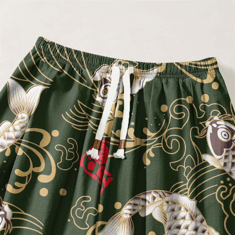 Buddha Stones Pantalones harem para hombre de algodón puro con estampado de peces koi y olas del océano, con cordón ajustable y bolsillos. - image 15