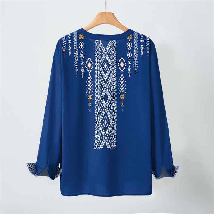 Buddha Stones Camisas de manga larga para hombre de algodón con estampado geométrico de rombos tribales y botones. - image 3