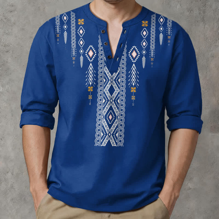 Buddha Stones Camisas de manga larga para hombre de algodón con estampado geométrico de rombos tribales y botones. - image 1