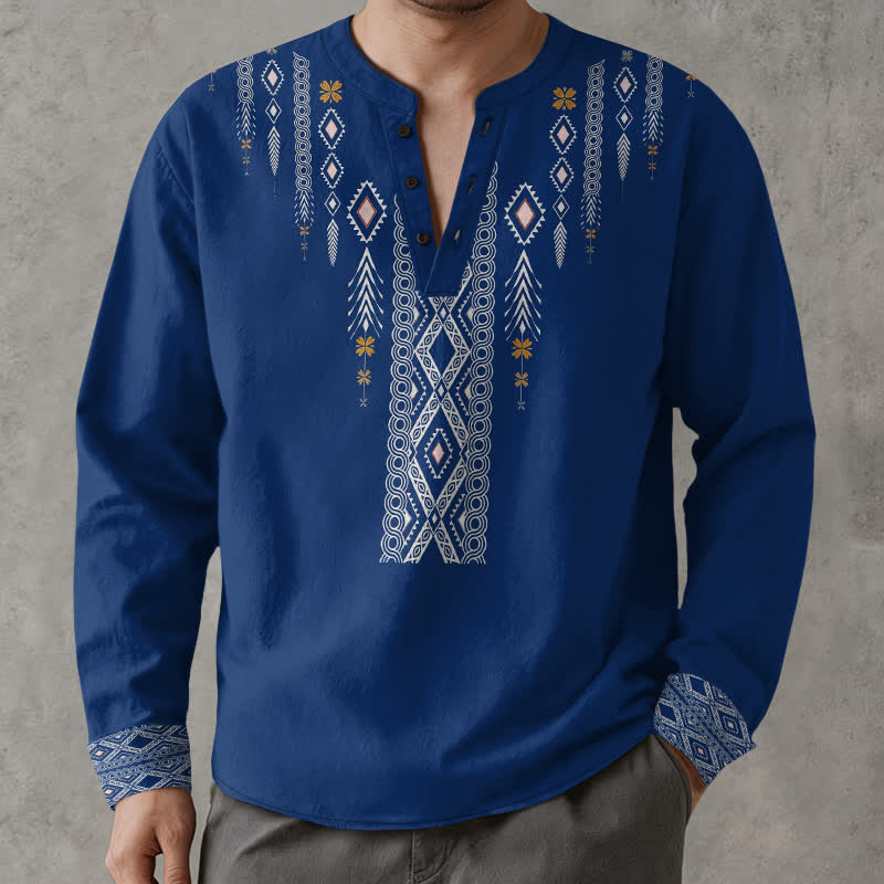 Buddha Stones Camisas de manga larga para hombre de algodón con estampado geométrico de rombos tribales y botones. - Azul real - US/UK/AU48, UE58 (4XL) - image 0