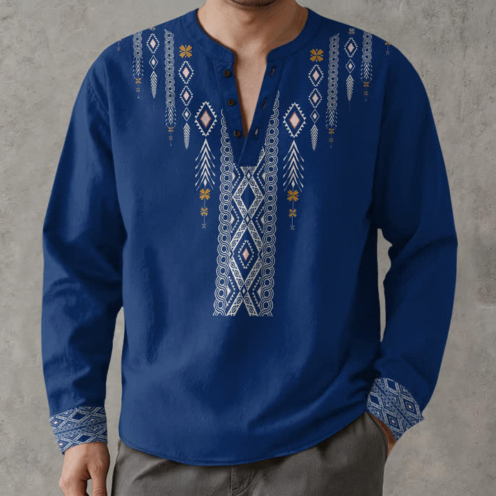 Buddha Stones Camisas de manga larga para hombre de algodón con estampado geométrico de rombos tribales y botones. - Azul real - US/UK/AU48, UE58 (4XL) - image 0