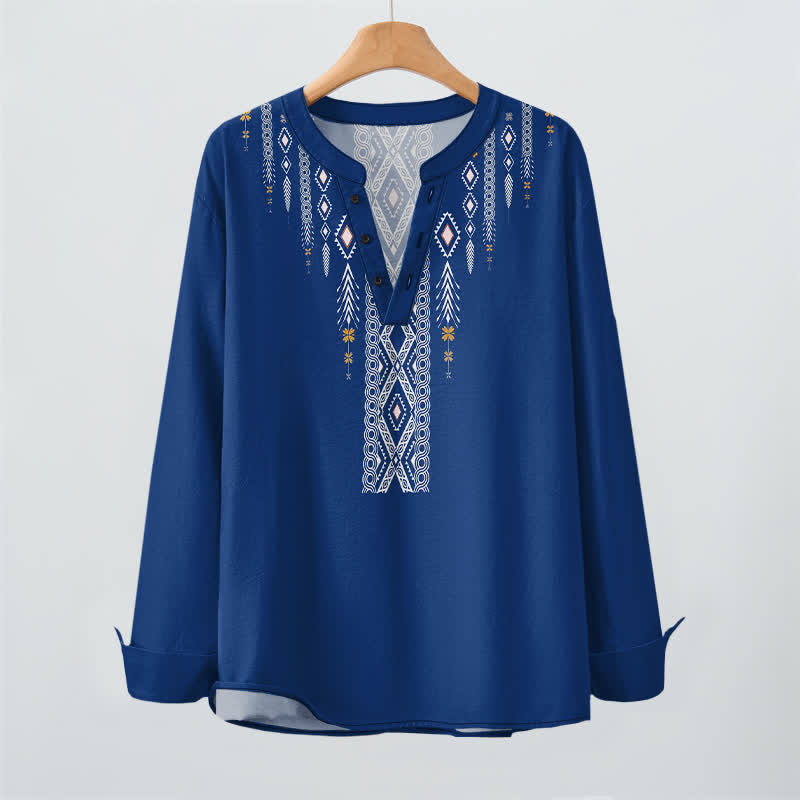 Buddha Stones Camisas de manga larga para hombre de algodón con estampado geométrico de rombos tribales y botones. - image 2