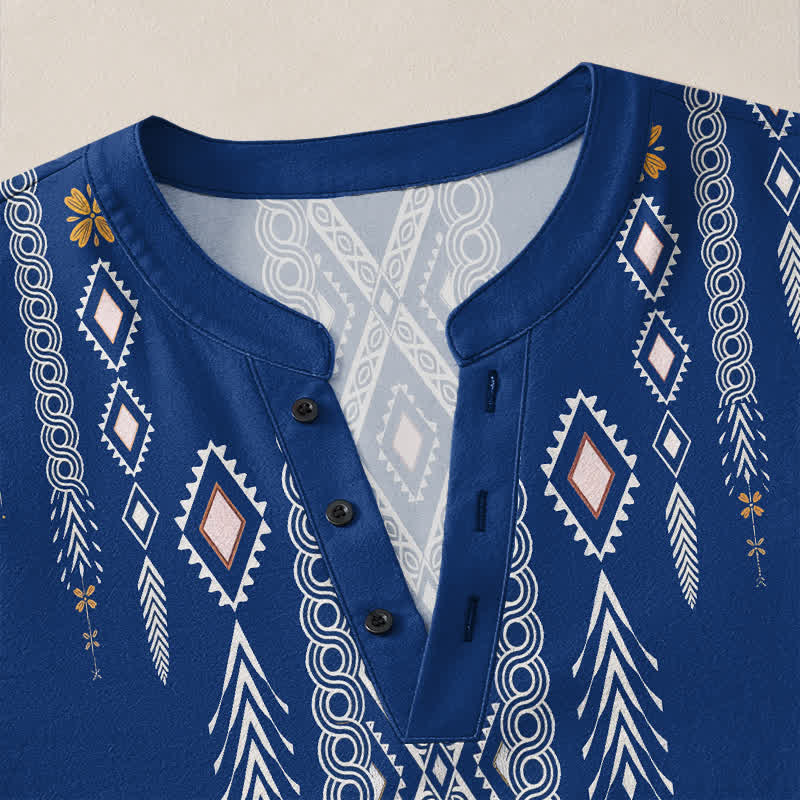 Buddha Stones Camisas de manga larga para hombre de algodón con estampado geométrico de rombos tribales y botones. - image 4