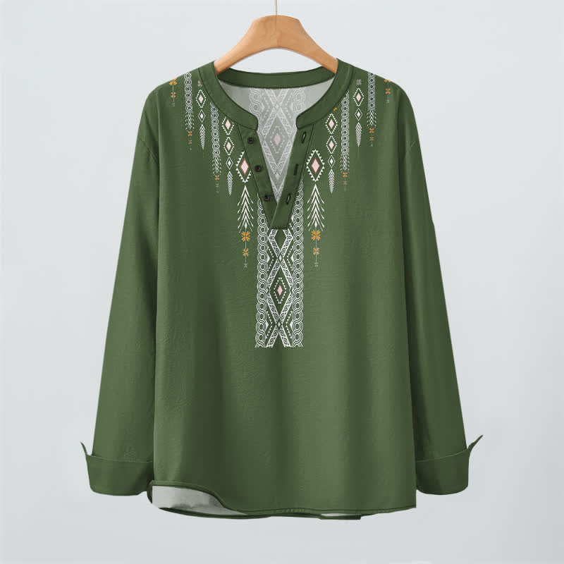 Buddha Stones Camisas de manga larga para hombre de algodón con estampado geométrico de rombos tribales y botones. - image 9