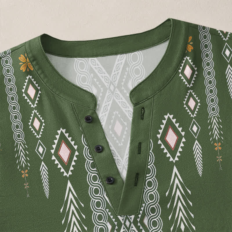 Buddha Stones Camisas de manga larga para hombre de algodón con estampado geométrico de rombos tribales y botones. - image 11