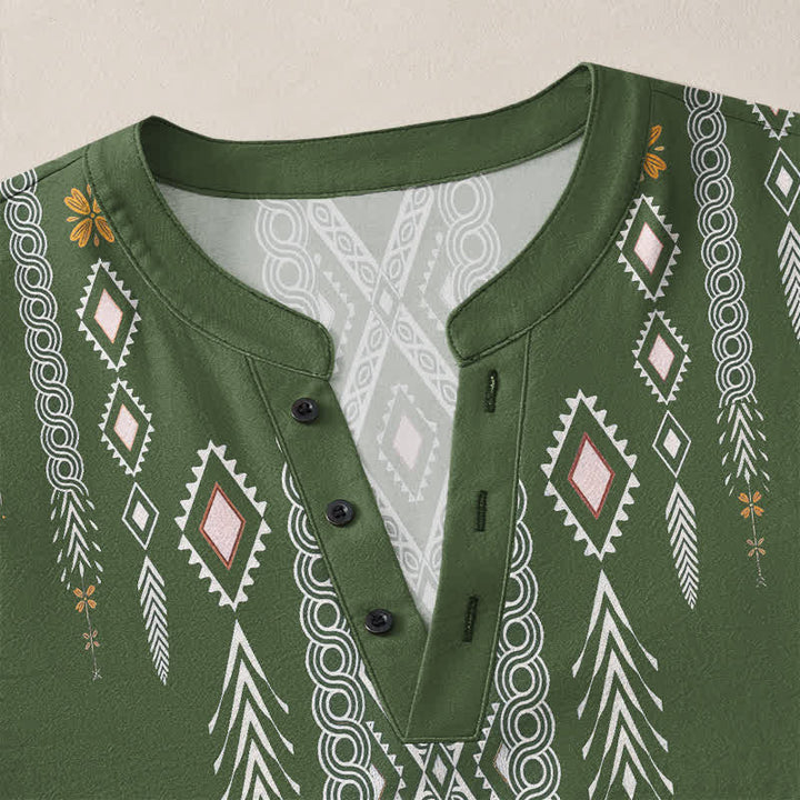 Buddha Stones Camisas de manga larga para hombre de algodón con estampado geométrico de rombos tribales y botones. - image 11