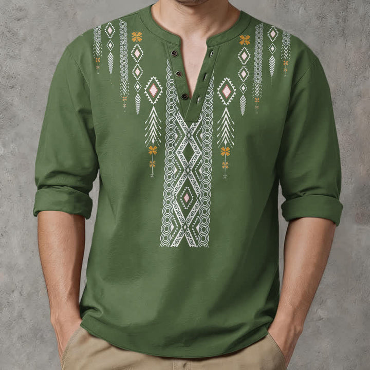Buddha Stones Camisas de manga larga para hombre de algodón con estampado geométrico de rombos tribales y botones. - image 8
