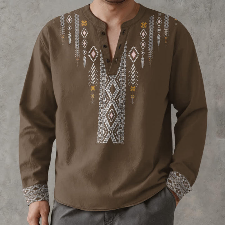 Buddha Stones Camisas de manga larga para hombre de algodón con estampado geométrico de rombos tribales y botones. - Marrón silla de montar - US/UK/AU48, UE58 (4XL) - image 14