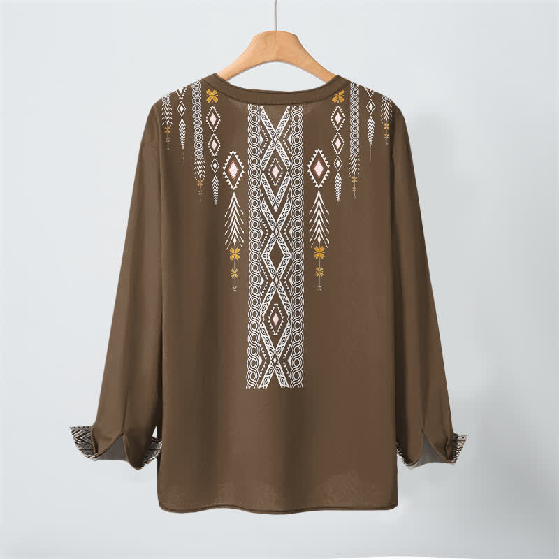 Buddha Stones Camisas de manga larga para hombre de algodón con estampado geométrico de rombos tribales y botones. - image 17