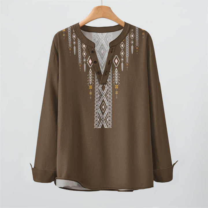 Buddha Stones Camisas de manga larga para hombre de algodón con estampado geométrico de rombos tribales y botones. - image 16
