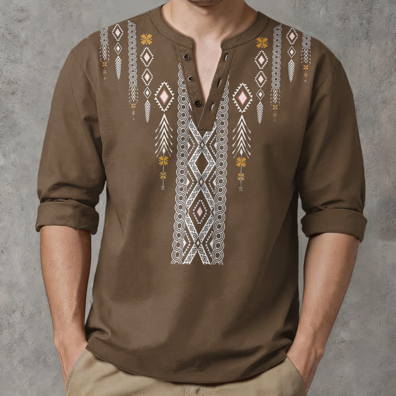 Buddha Stones Camisas de manga larga para hombre de algodón con estampado geométrico de rombos tribales y botones. - image 15