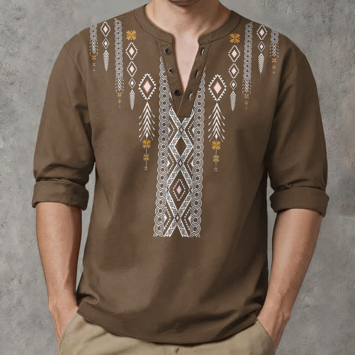 Buddha Stones Camisas de manga larga para hombre de algodón con estampado geométrico de rombos tribales y botones. - image 15