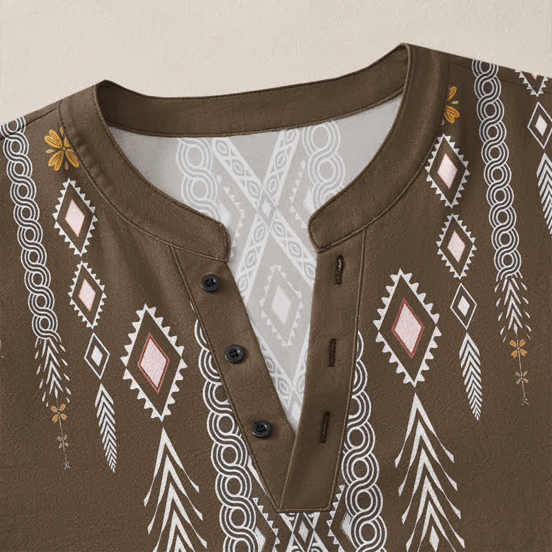 Buddha Stones Camisas de manga larga para hombre de algodón con estampado geométrico de rombos tribales y botones. - image 18