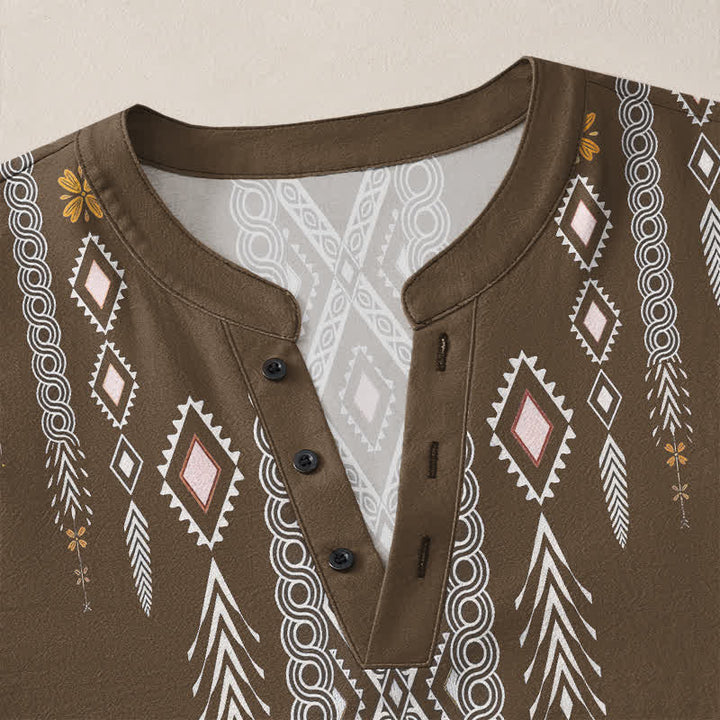 Buddha Stones Camisas de manga larga para hombre de algodón con estampado geométrico de rombos tribales y botones. - image 18
