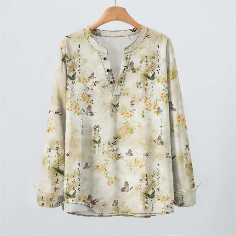 Buddha Stones Camisas de manga larga para hombre con cuello en V, cuello en V, estampado floral de mariposas y botones, de algodón. - image 2