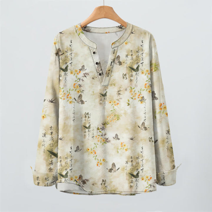 Buddha Stones Camisas de manga larga para hombre con cuello en V, cuello en V, estampado floral de mariposas y botones, de algodón. - image 2