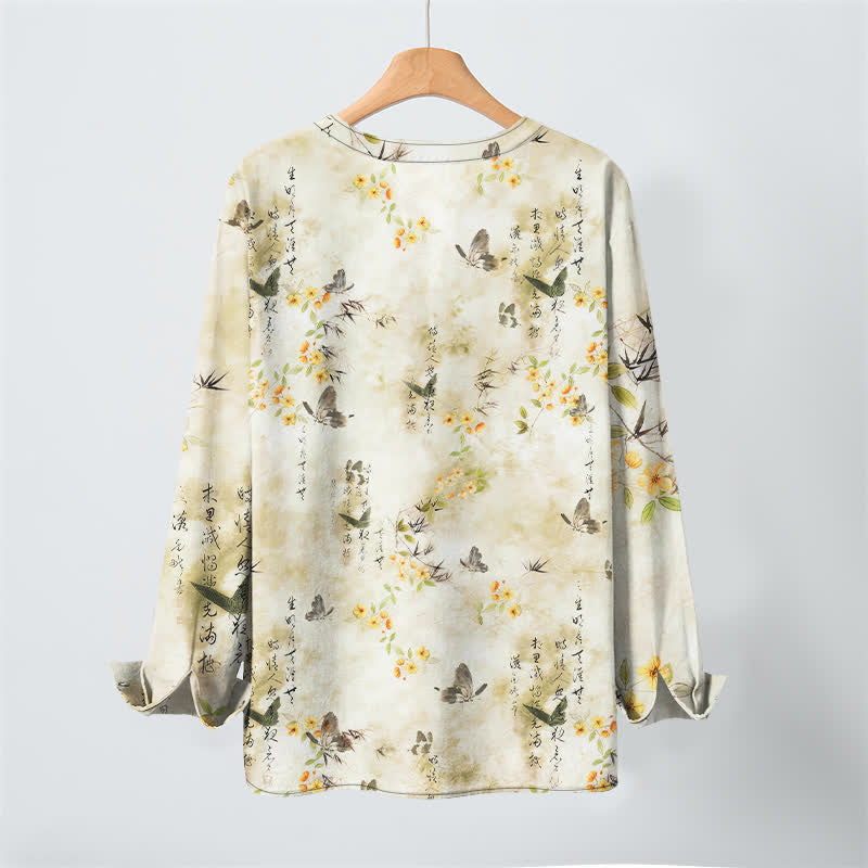 Buddha Stones Camisas de manga larga para hombre con cuello en V, cuello en V, estampado floral de mariposas y botones, de algodón. - image 3