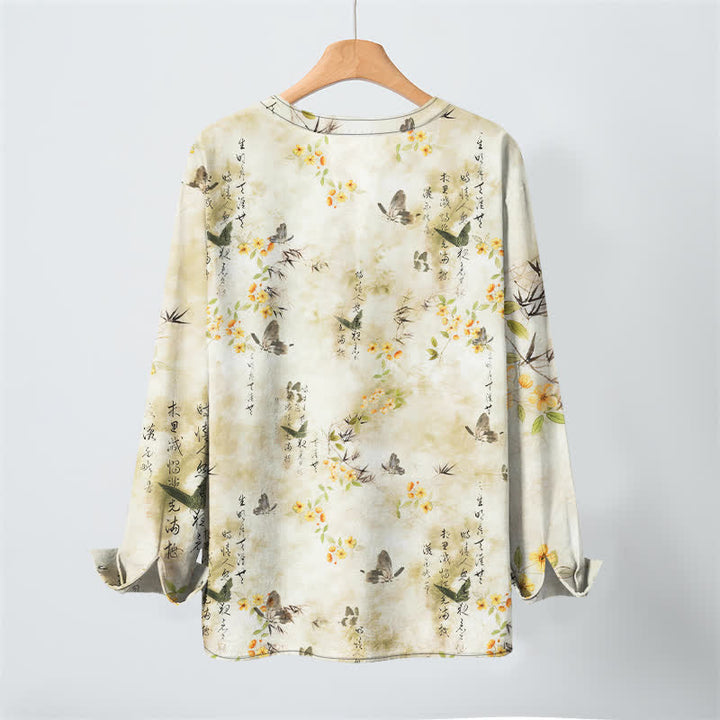 Buddha Stones Camisas de manga larga para hombre con cuello en V, cuello en V, estampado floral de mariposas y botones, de algodón. - image 3