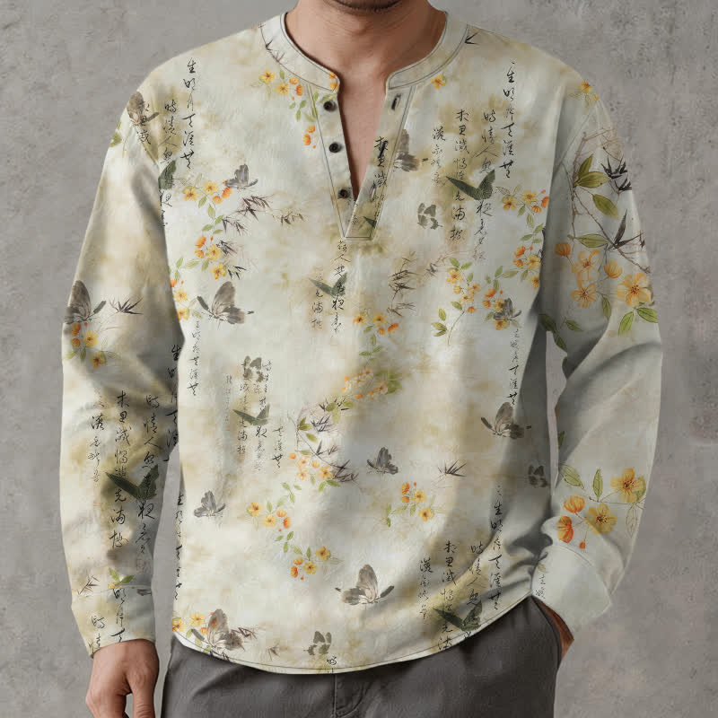 Buddha Stones Camisas de manga larga para hombre con cuello en V, cuello en V, estampado floral de mariposas y botones, de algodón. - Lino - US/UK/AU48, UE58 (4XL) - image 0