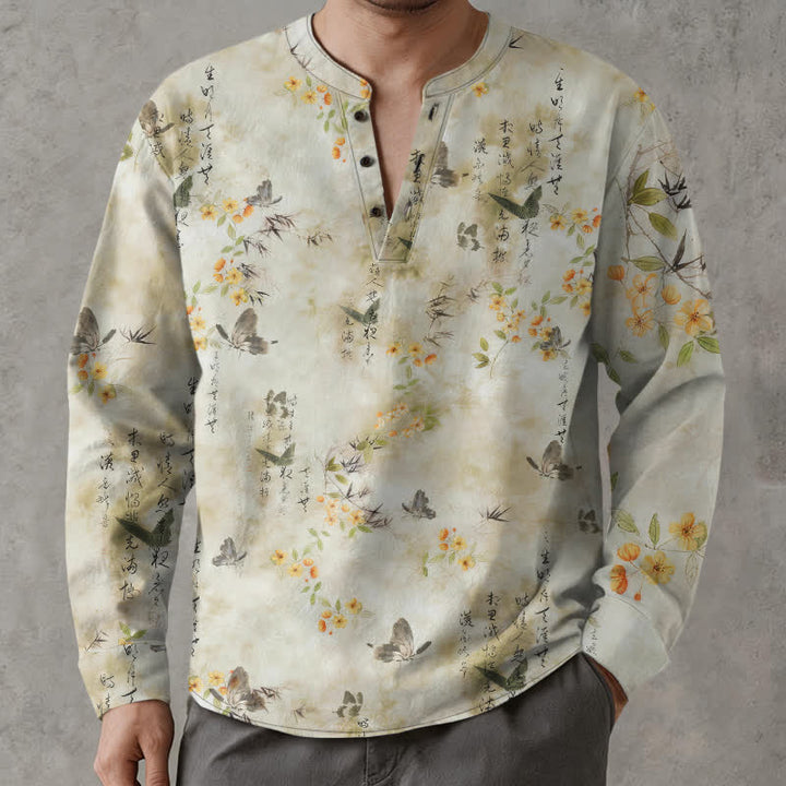 Buddha Stones Camisas de manga larga para hombre con cuello en V, cuello en V, estampado floral de mariposas y botones, de algodón. - Lino - US/UK/AU48, UE58 (4XL) - image 0