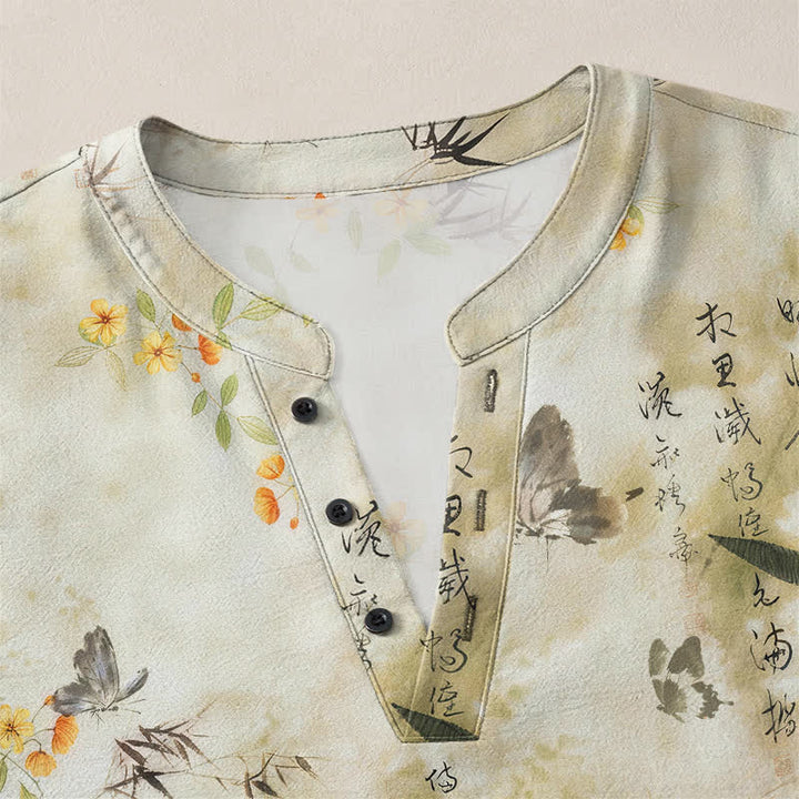 Buddha Stones Camisas de manga larga para hombre con cuello en V, cuello en V, estampado floral de mariposas y botones, de algodón. - image 4