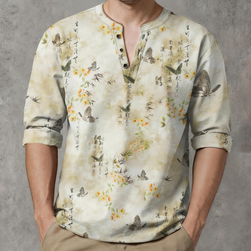 Buddha Stones Camisas de manga larga para hombre con cuello en V, cuello en V, estampado floral de mariposas y botones, de algodón. - image 1