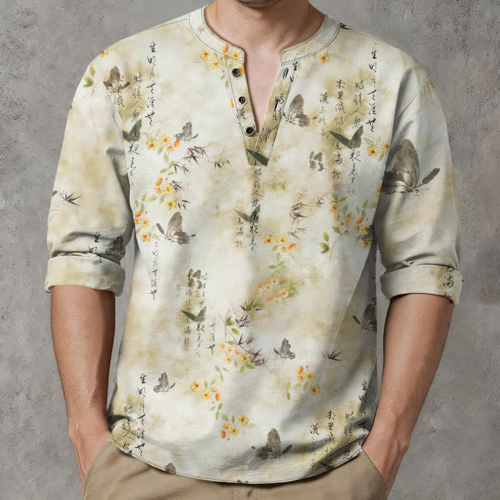 Buddha Stones Camisas de manga larga para hombre con cuello en V, cuello en V, estampado floral de mariposas y botones, de algodón. - image 1