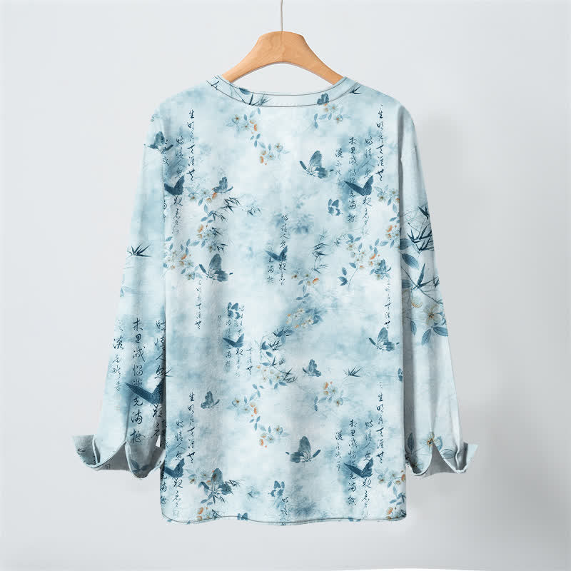 Buddha Stones Camisas de manga larga para hombre con cuello en V, cuello en V, estampado floral de mariposas y botones, de algodón. - image 10