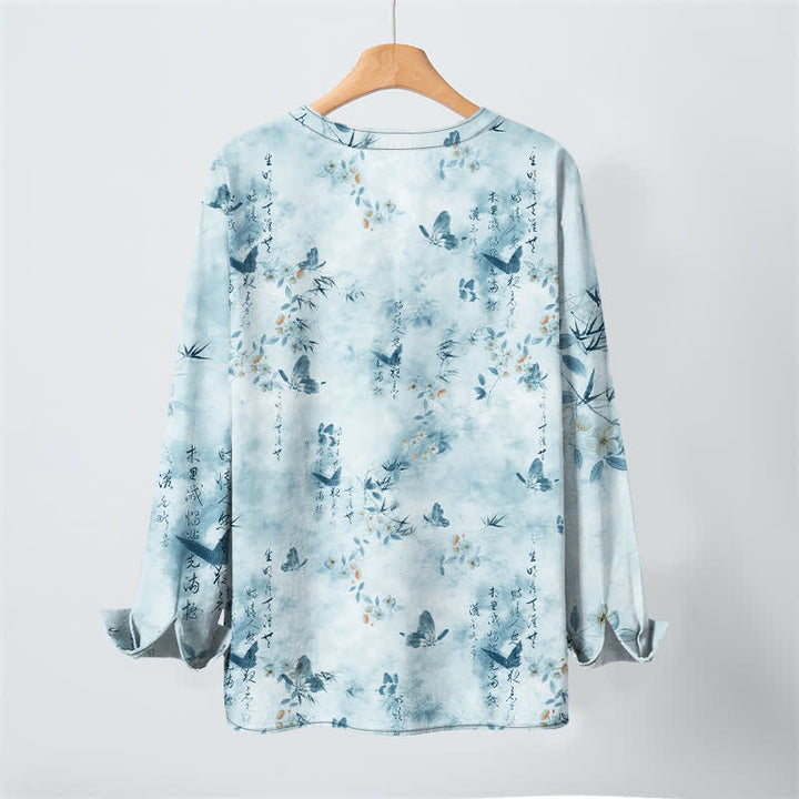 Buddha Stones Camisas de manga larga para hombre con cuello en V, cuello en V, estampado floral de mariposas y botones, de algodón. - image 10