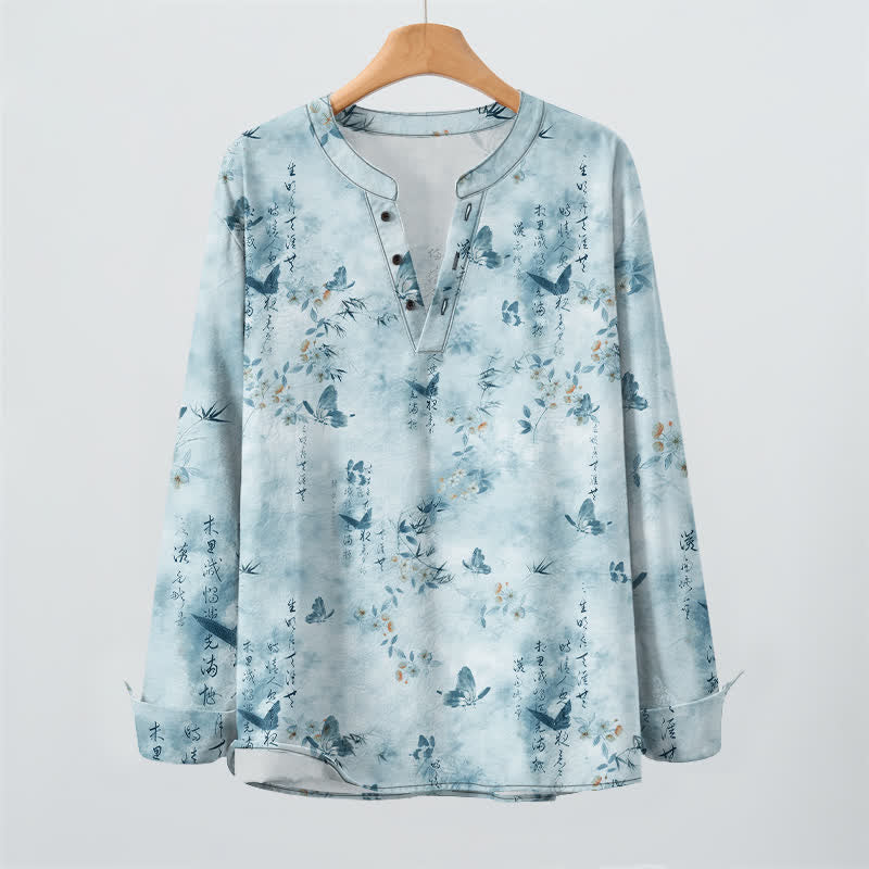 Buddha Stones Camisas de manga larga para hombre con cuello en V, cuello en V, estampado floral de mariposas y botones, de algodón. - image 9
