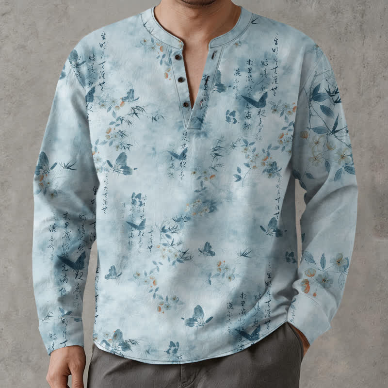 Buddha Stones Camisas de manga larga para hombre con cuello en V, cuello en V, estampado floral de mariposas y botones, de algodón. - Azul claro - US/UK/AU48, UE58 (4XL) - image 7