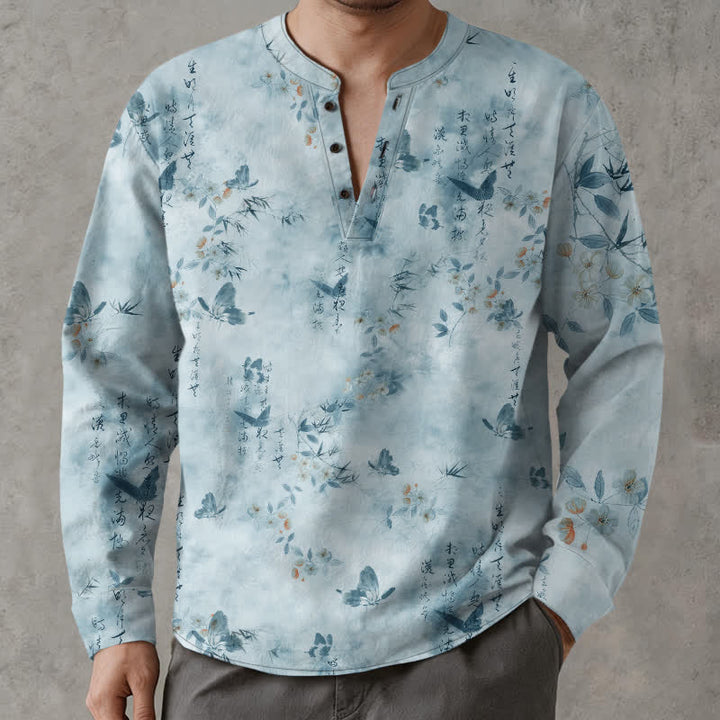 Buddha Stones Camisas de manga larga para hombre con cuello en V, cuello en V, estampado floral de mariposas y botones, de algodón. - Azul claro - US/UK/AU48, UE58 (4XL) - image 7