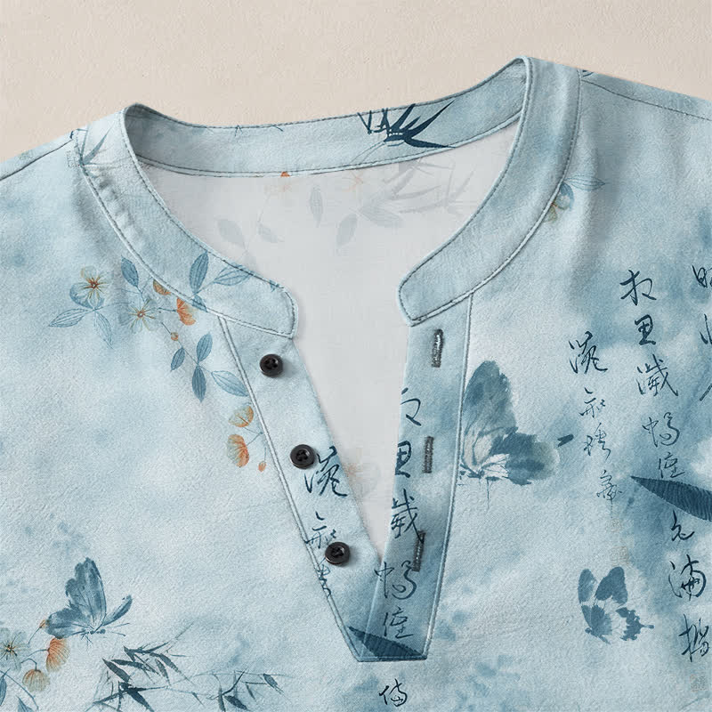 Buddha Stones Camisas de manga larga para hombre con cuello en V, cuello en V, estampado floral de mariposas y botones, de algodón. - image 11
